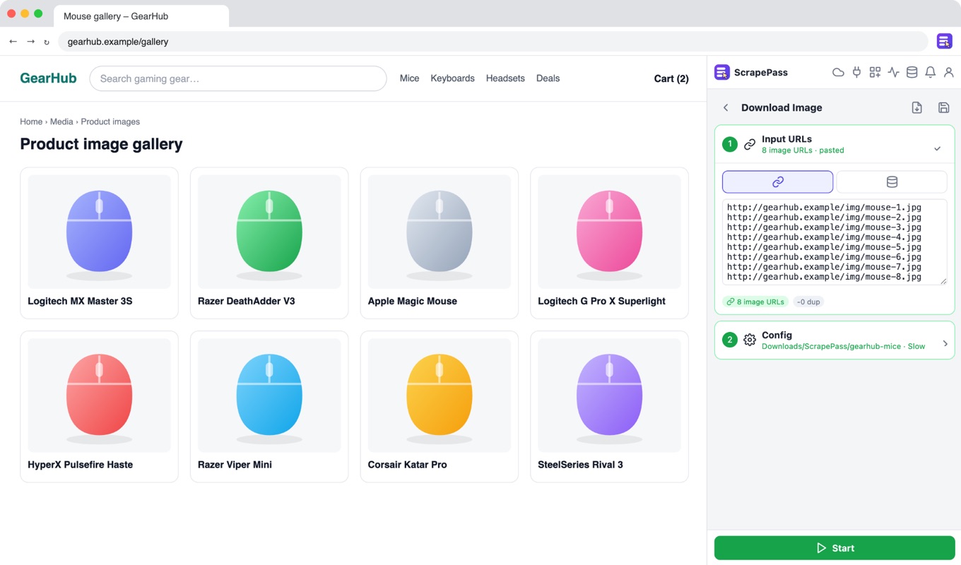 Bulk download: the ScrapePass side panel next to a web page