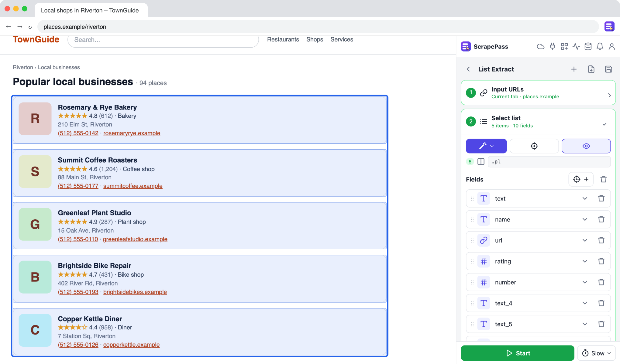 Build a list of local businesses: ScrapePass List Extract next to an example page