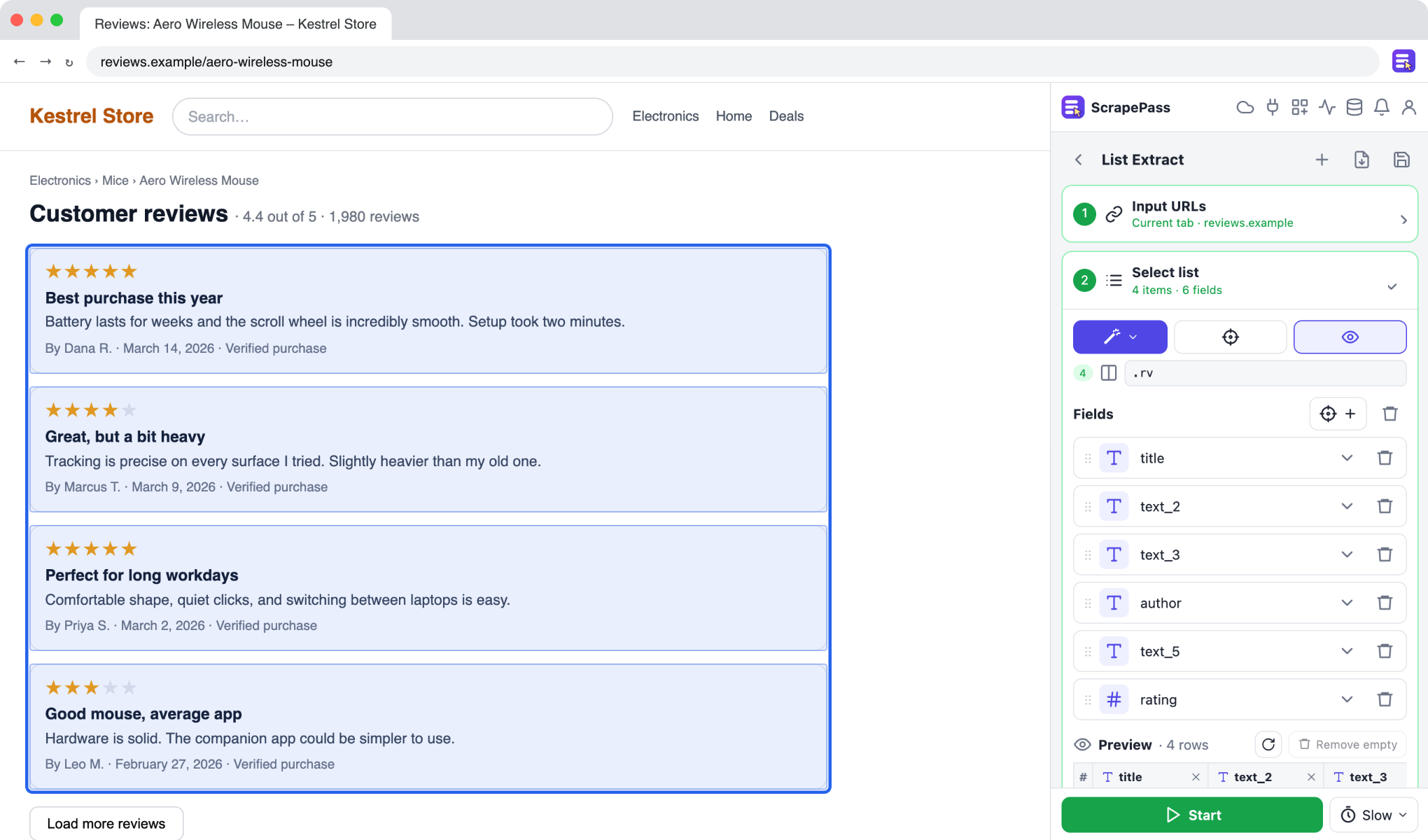 Analyze customer reviews: ScrapePass List Extract next to an example page