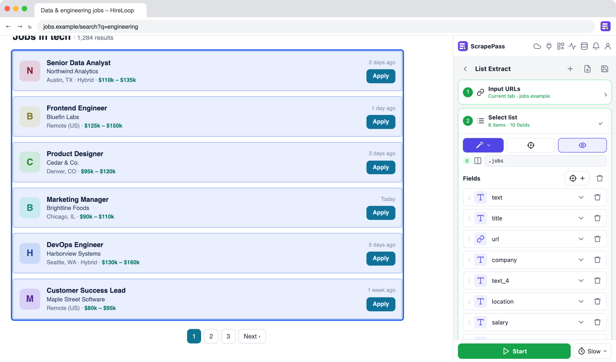 Track job listings in one table: ScrapePass List Extract next to an example page