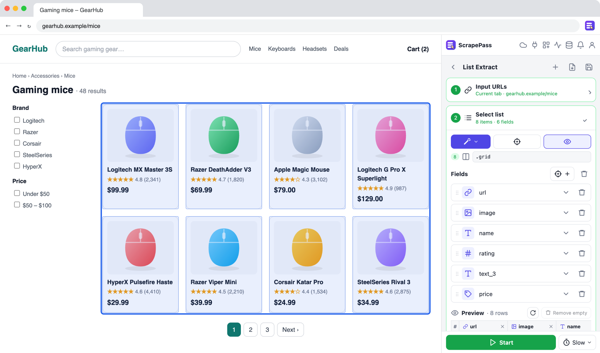 Turn product listings into a spreadsheet: ScrapePass List Extract next to an example page