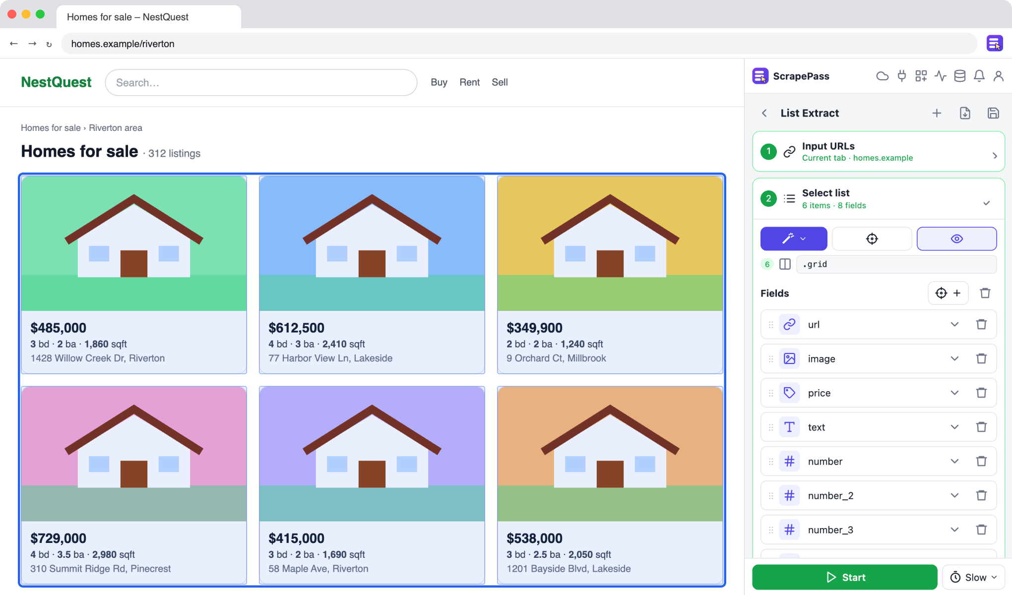 Compare property listings: ScrapePass List Extract next to an example page