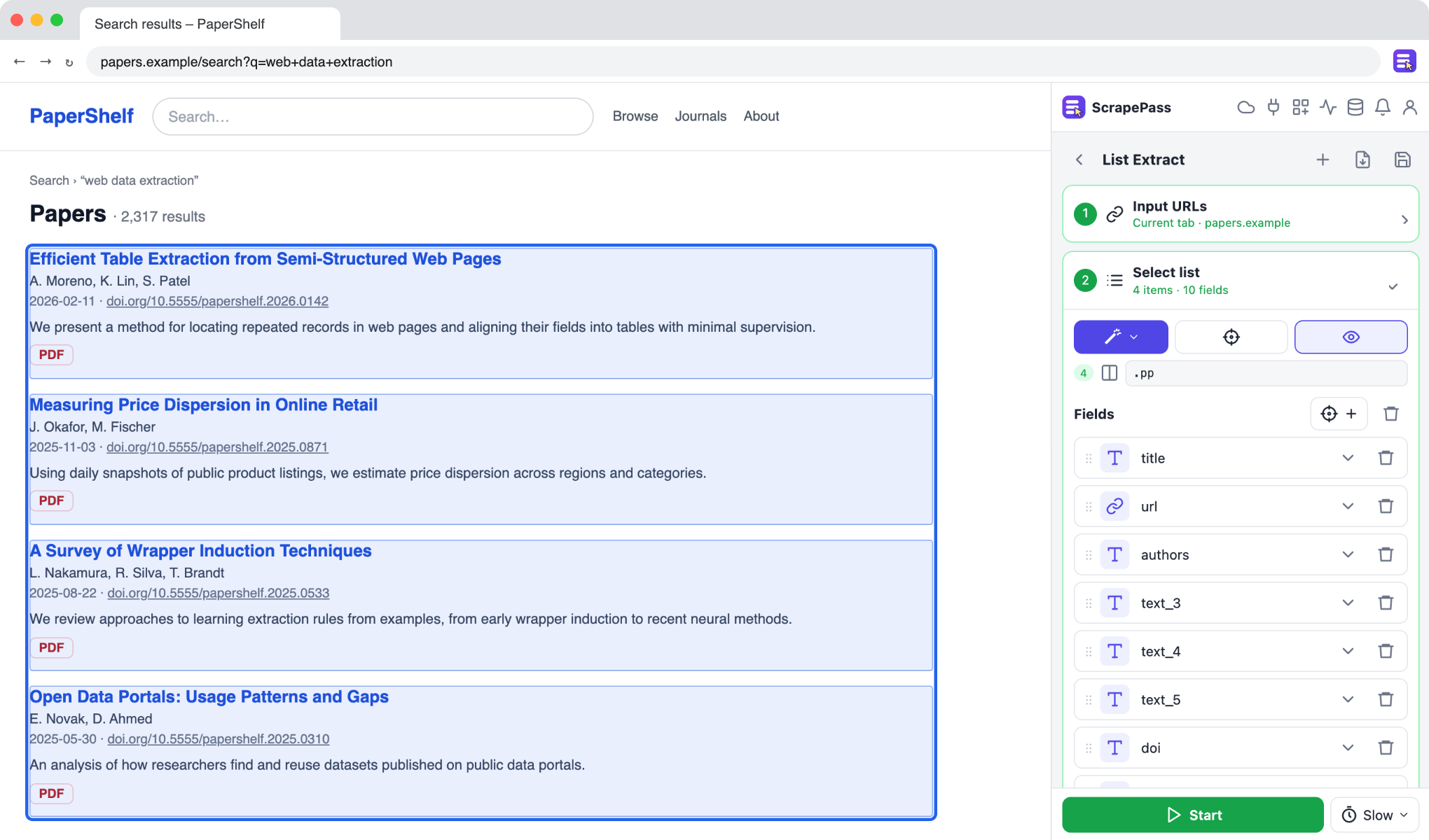 Collect research papers and documents: ScrapePass List Extract next to an example page